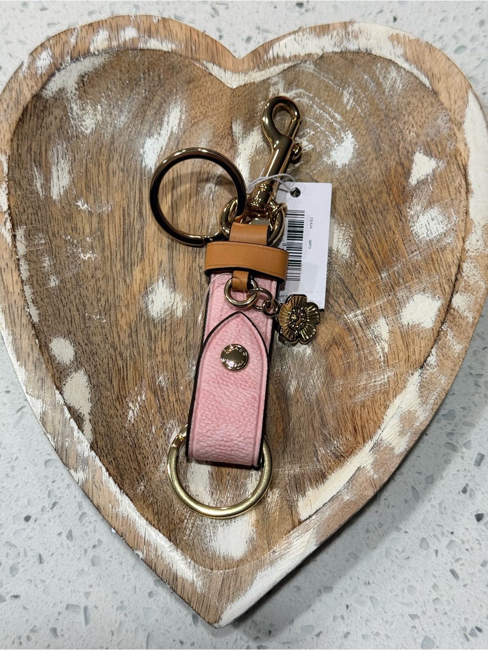 Coach Pink Monogram Key Chain with Floral Charm - Pink & Tan
